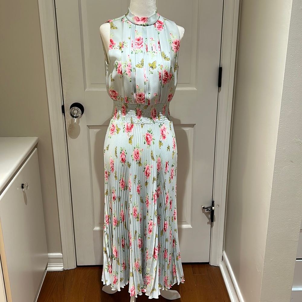 Prada Light Blue Floral Midi Dress with Pink Roses